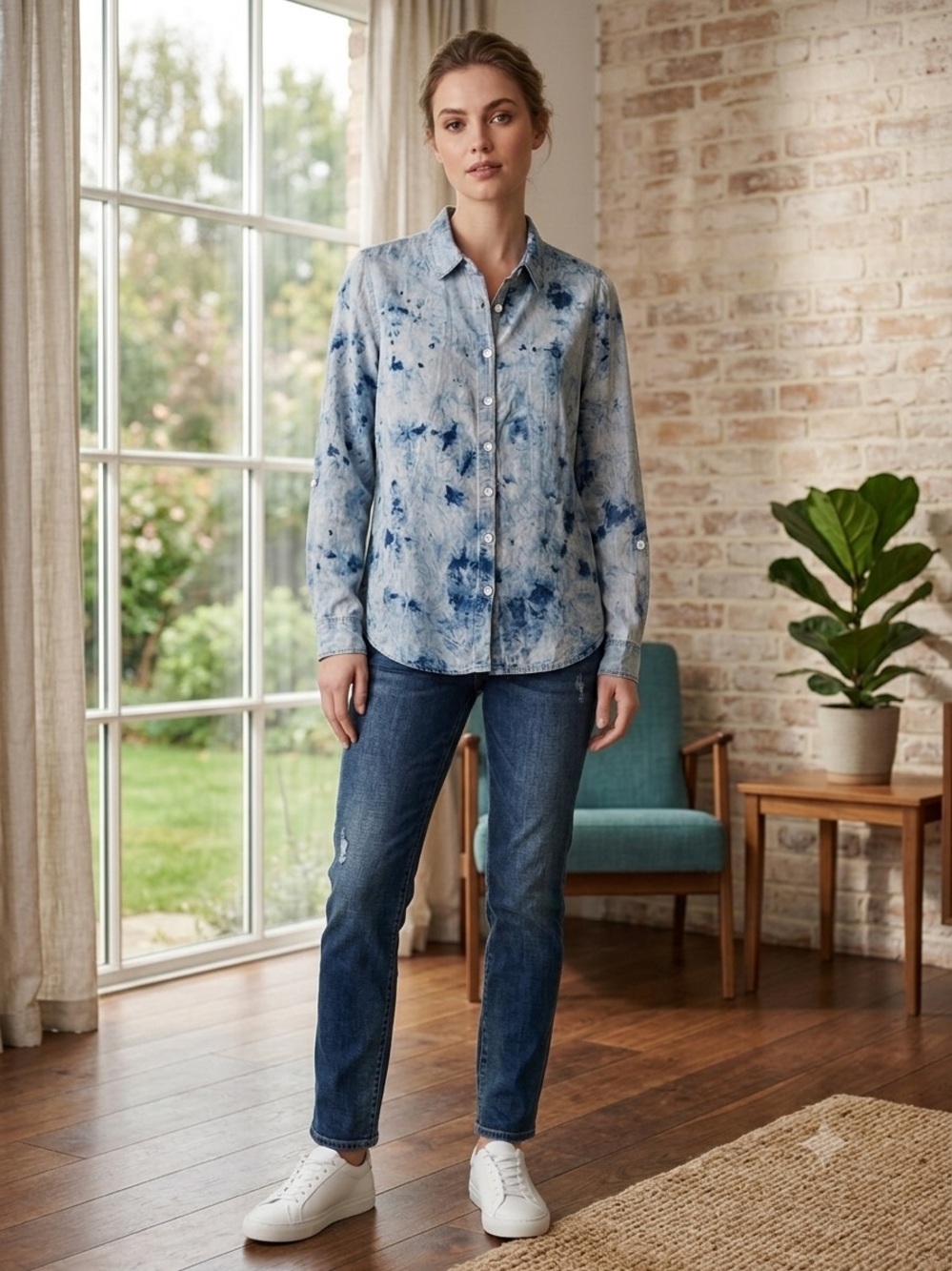 French dressing Women's Blue Tie-Dye Button-Down Shirt Lyocell sz8 Bamboo